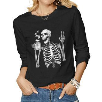 Skeleton Drinking Coffee Peace Halloween Grunge Aesthetic Women Graphic Long Sleeve T-shirt - Thegiftio UK