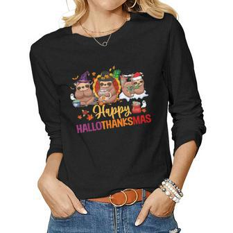 Sloths Lover Happy Hallothanksmas Halloween Merry Christmas Women Graphic Long Sleeve T-shirt - Thegiftio UK