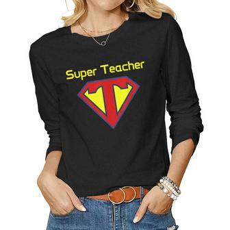 Superteacher Superhero Funny Teacher Gift Women Graphic Long Sleeve T-shirt - Thegiftio UK