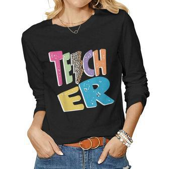 Teacher Colorful Distressed Leopard Lightning Bolt Trendy Women Graphic Long Sleeve T-shirt - Thegiftio UK