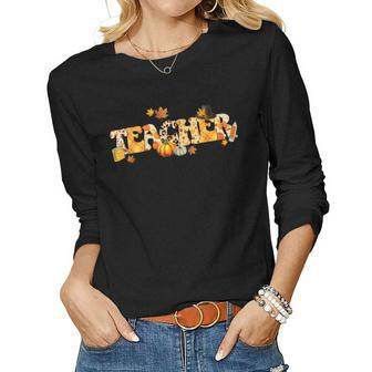 Teacher Fall Autumn Thanksgiving Halloween Spooky Season  Women Graphic Long Sleeve T-shirt