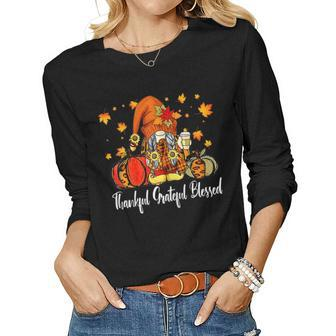 Womens Autumn Fall Outfit Gnome Thankful Grateful Blessed Pumpkin  V2 Women Graphic Long Sleeve T-shirt