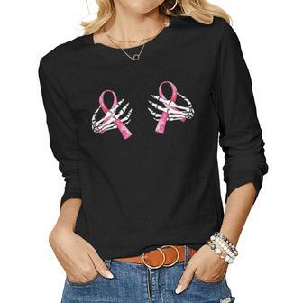 Womens Boob Skeleton Hand On Breast Cancer Ribbon Halloween Womens Women Graphic Long Sleeve T-shirt - Thegiftio UK