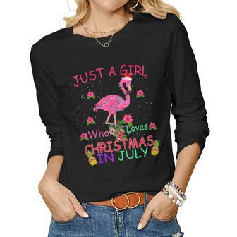 Womens Just A Girl Who Loves Christmas In July Flamingo Women Graphic Long Sleeve T-shirt - Thegiftio UK
