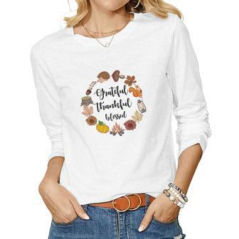 Autumn Wreath Grateful Thankful Blessed Fall Gift Women Graphic Long Sleeve T-shirt - Seseable