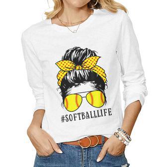 Baseball Mom Mothers Day Messy Bun Womens Mom Life Softball Women Graphic Long Sleeve T-shirt - Thegiftio UK