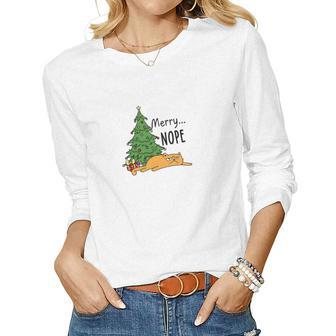 Christmas Funny Cat Merry Nope Cat Lovers Gift Women Graphic Long Sleeve T-shirt - Seseable