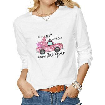Christmas It Is The Most Wonderful Time Of The Year Holiday Vintage Christmas Truck Women Graphic Long Sleeve T-shirt - Seseable