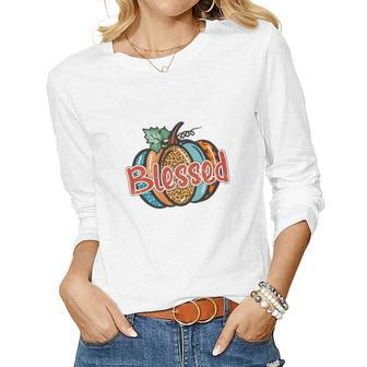 Colorful Pumpkin Blessed Thankful Fall Gift Women Graphic Long Sleeve T-shirt - Seseable