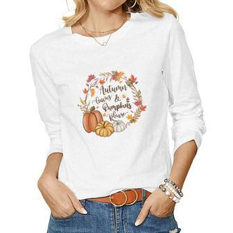 Cozy Autumn Fall Autumn Leaves _ Pumpkins Please Women Graphic Long Sleeve T-shirt - Seseable