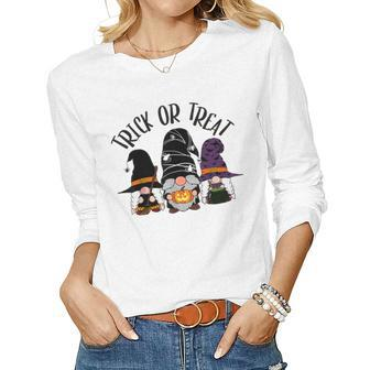 Cute Witch Gnomes Halloween Garden Gnome Trick Or Treat Women Graphic Long Sleeve T-shirt - Thegiftio UK