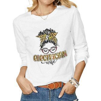 Electrician Wife Leopard Messy Bun Funny Wife Mothers Day Women Graphic Long Sleeve T-shirt - Thegiftio UK