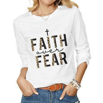 Faith Over Fear Leopard Letters Christian Faith Cross Women Graphic Long Sleeve T-shirt - Thegiftio UK