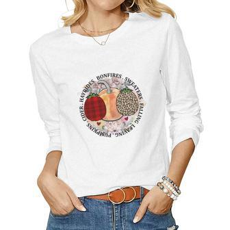 Fall Bonfires Sweaters Falling Leaving Pumpkins Cider Hayrides Women Graphic Long Sleeve T-shirt - Seseable