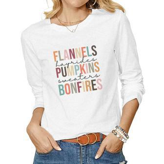 Fall Flannels Hayrides Pumpkins Sweaters Bonfires Women Graphic Long Sleeve T-shirt - Seseable