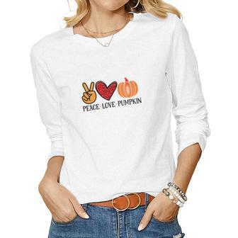 Fall Gift Peace Love Pumpkin Women Graphic Long Sleeve T-shirt - Seseable
