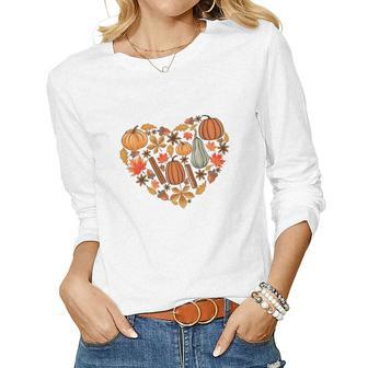 Fall Heart Pumpkins Flowers Women Graphic Long Sleeve T-shirt - Seseable