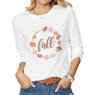 Fall Retro Flower Leaf Circle Women Graphic Long Sleeve T-shirt - Seseable