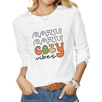 Funny Cozy Vibes Thanksgiving Fall Women Graphic Long Sleeve T-shirt - Seseable