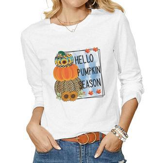 Funny Hello Pumpkin Season Fall Women Graphic Long Sleeve T-shirt - Seseable