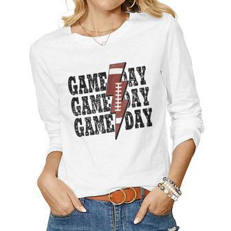 Game Day Football Season Lightning Bolt Funny Football Mom V2 Women Graphic Long Sleeve T-shirt - Thegiftio UK