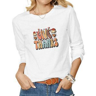 Give Thanks Groovy Style Retro Fall Season Women Graphic Long Sleeve T-shirt - Seseable
