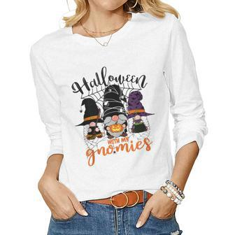 Gnomes Halloween With My Gnomies Witch Garden Gnome Women Graphic Long Sleeve T-shirt - Thegiftio UK