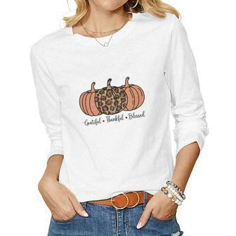 Grateful Thankful Blessed Three Pumpkins Orange Leopard Fall Women Graphic Long Sleeve T-shirt - Seseable