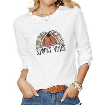 Halloween Spooky Skeleton Creepy Spooky Vibes Women Graphic Long Sleeve T-shirt - Seseable