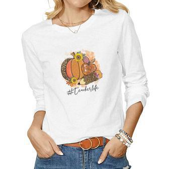 Happy Teacher Life Fall Autumn Pumpkin Women Graphic Long Sleeve T-shirt - Seseable