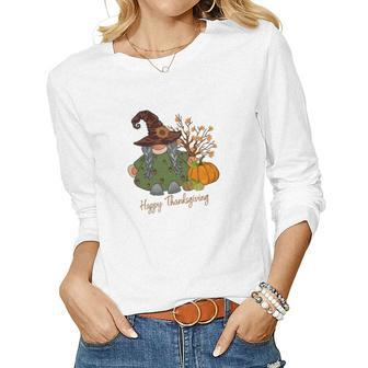 Happy Thanksgiving Gnomes Pumpkin Flowers Women Graphic Long Sleeve T-shirt - Seseable