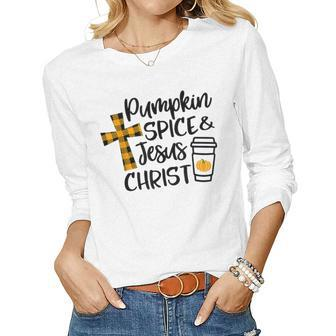 Hello Fall Pumpkin Spice & Jesus Christ Fall Christian Gift Women Graphic Long Sleeve T-shirt - Thegiftio UK
