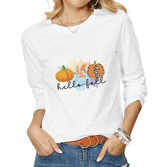 Hello Fall Pumpkins Thanksgiving Season Women Graphic Long Sleeve T-shirt