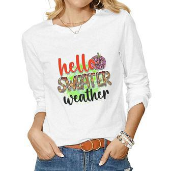 Hello Sweater Weather Pumpkin Fall Women Graphic Long Sleeve T-shirt - Seseable