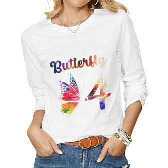 Kids 4 Year Old Butterfly Birthday Girls 4Th Girl Party Women Graphic Long Sleeve T-shirt - Thegiftio UK