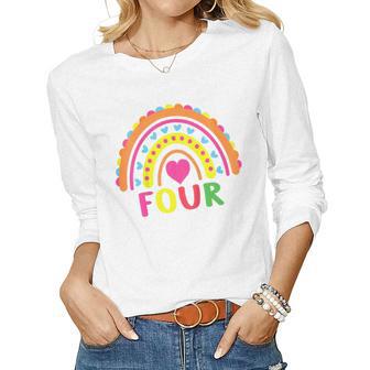 Kids 4 Years Old Rainbow 4Th Birthday Four Bday Girls Boys Kids Women Graphic Long Sleeve T-shirt - Thegiftio