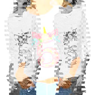 Kids 5 Year Old Gifts 5Th Birthday Girls Unicorn Face Flower Women Graphic Long Sleeve T-shirt - Thegiftio