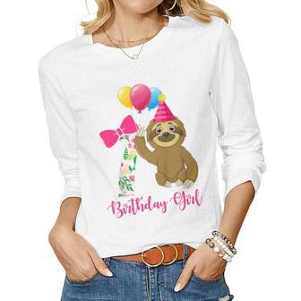 Kids 7 Year Old Cool Cute Sloth Balloons 7Th Birthday Girls Party Women Graphic Long Sleeve T-shirt - Thegiftio UK