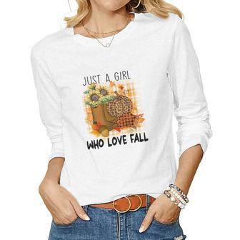 Leopard Plaid Autumn Just A Girl Who Loves Fall Women Graphic Long Sleeve T-shirt - Seseable