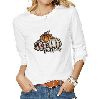 Mama Pumpkin Leaopard Orange Pumpkins Fall Women Graphic Long Sleeve T-shirt - Seseable