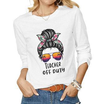 Messy Bun Hair Teacher Off Duty Sunglasses Beach Sunset Women Graphic Long Sleeve T-shirt - Thegiftio UK