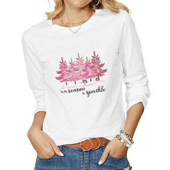 Minimalist Christmas Tree Pink ChristmasTis The Season To Sparkle Women Graphic Long Sleeve T-shirt - Seseable