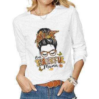 One Thankful Mama Messy Bun Fall Leaves Autumn Thanksgiving V2 Women Graphic Long Sleeve T-shirt - Thegiftio UK