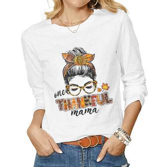 One Thankful Mama Messy Bun Fall Leaves Autumn Thanksgiving Women Graphic Long Sleeve T-shirt - Thegiftio UK