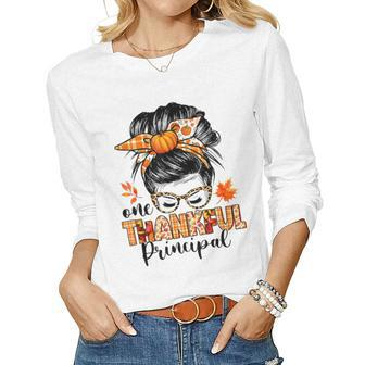One Thankful Principal Messy Bun Fall Autumn Thanksgiving Women Graphic Long Sleeve T-shirt - Thegiftio UK