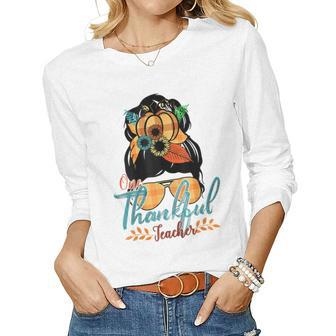 One Thankful Teacher Messy Bun Fall Autumn Thanksgiving V2 Women Graphic Long Sleeve T-shirt - Thegiftio UK