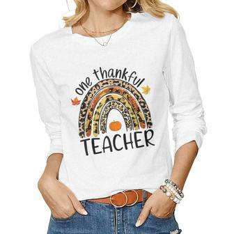 One Thankful Teacher Thanksgiving Rainbow Leopard Fall Women Graphic Long Sleeve T-shirt - Thegiftio UK