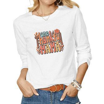 One Thankfull Mama Fall Groovy Style Women Graphic Long Sleeve T-shirt - Seseable