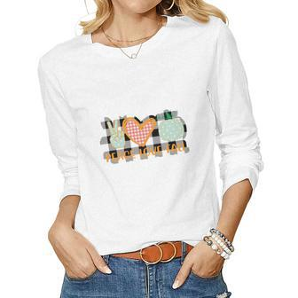 Peace Love Fall Caro Plaid Pumpkin Women Graphic Long Sleeve T-shirt - Seseable