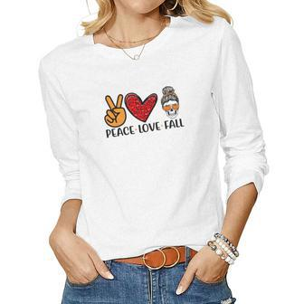Peace Love Fall Messy Bun Girl Women Graphic Long Sleeve T-shirt - Seseable
